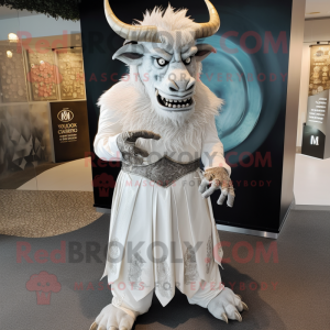 Silver Minotaur mascot costume character dressed with a Wedding Dress and Hat pins
