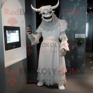 Silver Minotaur mascot costume character dressed with a Wedding Dress and Hat pins