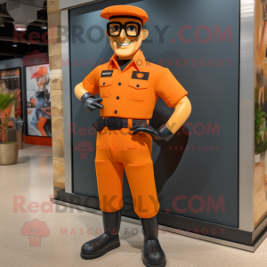 Orange Gi Joe mascot costume character dressed with a Oxford Shirt and Eyeglasses