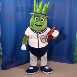 Navy Asparagus mascot costume character dressed with a Baseball Tee and Reading glasses