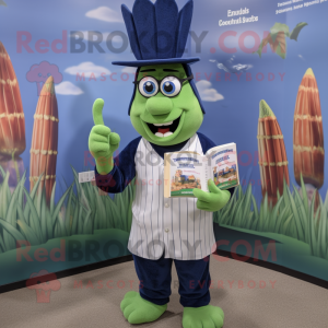 Navy Asparagus mascot costume character dressed with a Baseball Tee and Reading glasses