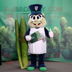 Navy Asparagus mascot costume character dressed with a Baseball Tee and Reading glasses