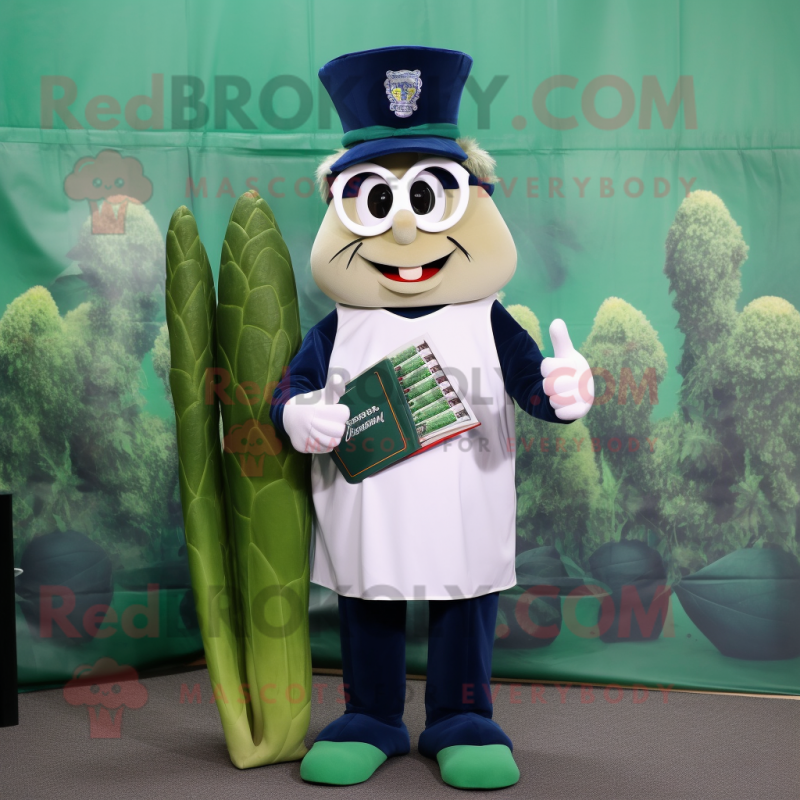 Navy Asparagus mascot costume character dressed with a Baseball Tee and Reading glasses Navy Asparagus mascot costume character dressed with a Baseball Tee and Reading glasses