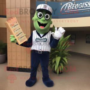 Navy Asparagus mascot costume character dressed with a Baseball Tee and Reading glasses