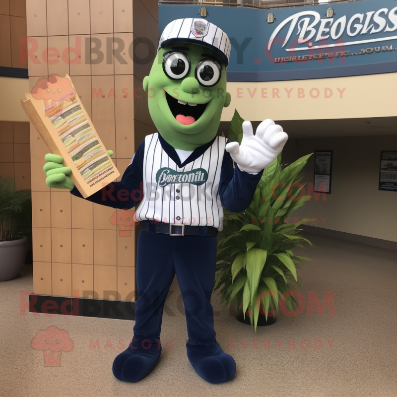 Navy Asparagus mascot costume character dressed with a Baseball Tee and Reading glasses Navy Asparagus mascot costume character dressed with a Baseball Tee and Reading glasses