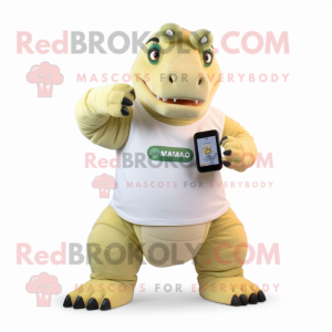 Cream Iguanodon mascot costume character dressed with a T-Shirt and Smartwatches