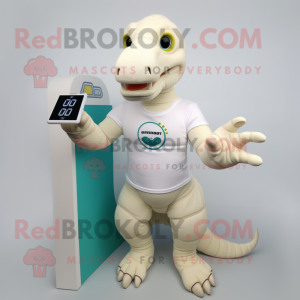 Cream Iguanodon mascot costume character dressed with a T-Shirt and Smartwatches