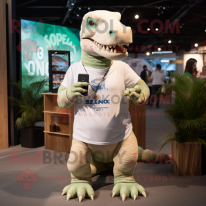 Cream Iguanodon mascot costume character dressed with a T-Shirt and Smartwatches