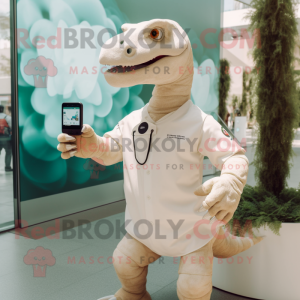 Cream Iguanodon mascot costume character dressed with a T-Shirt and Smartwatches