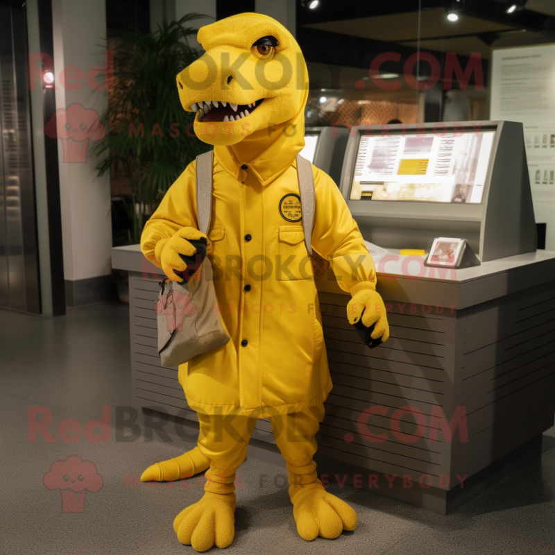 Yellow Tyrannosaurus mascot costume character dressed with a Parka and Coin purses Yellow Tyrannosaurus mascot costume character dressed with a Parka and Coin purses
