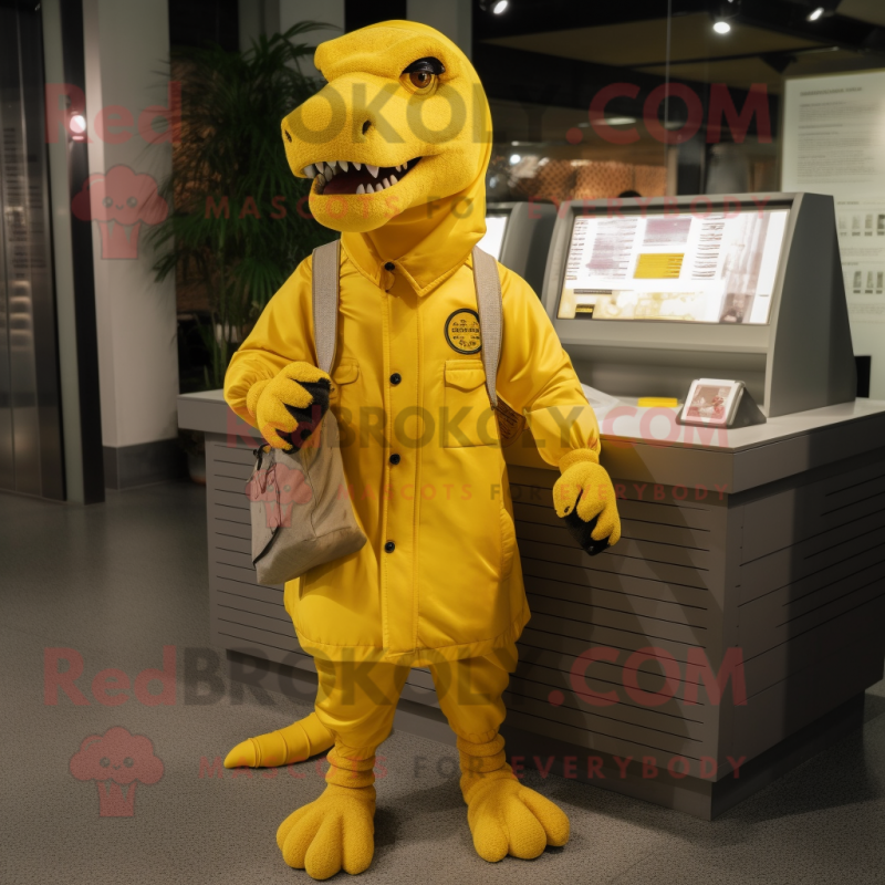 Yellow Tyrannosaurus mascot costume character dressed with a Parka and Coin purses