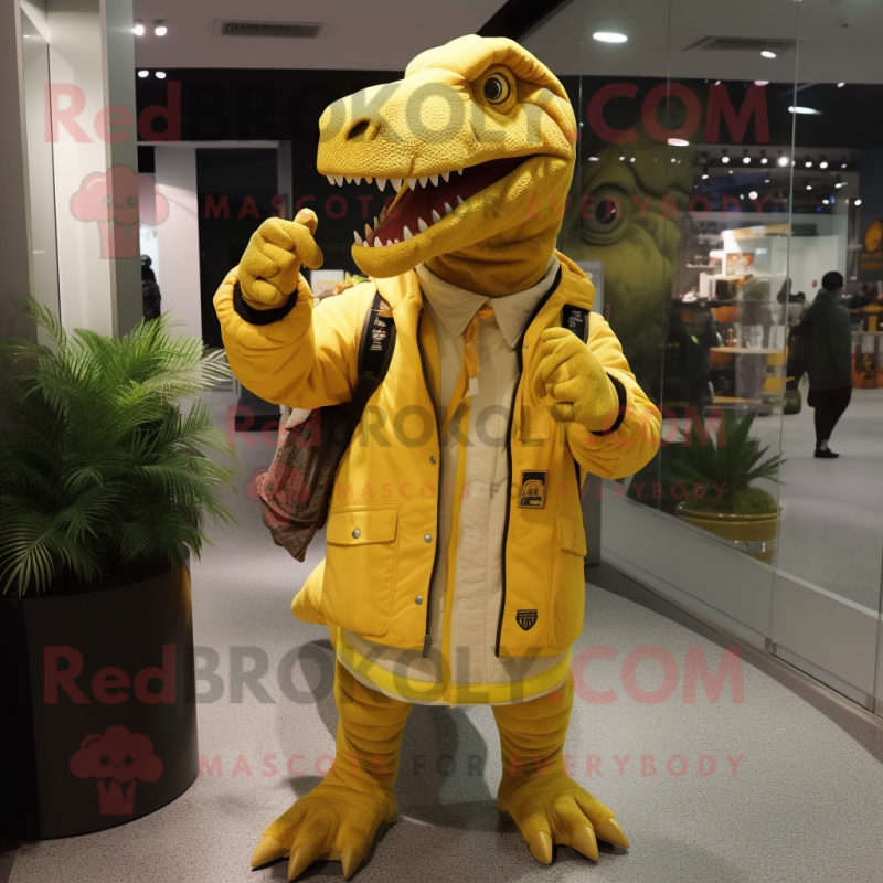 Yellow Tyrannosaurus mascot costume character dressed with a Parka and Coin purses