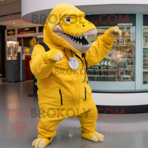 Yellow Tyrannosaurus mascot costume character dressed with a Parka and Coin purses