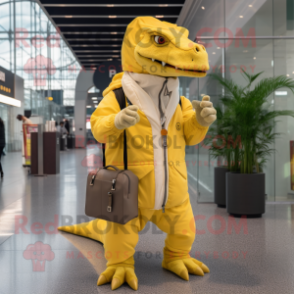 Yellow Tyrannosaurus mascot costume character dressed with a Parka and Coin purses