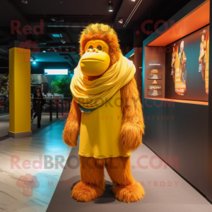 Yellow Orangutan mascot costume character dressed with a Flare Jeans and Scarves