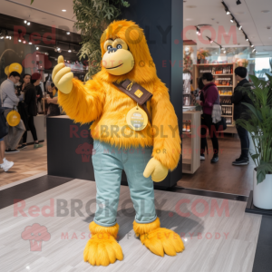 Yellow Orangutan mascot costume character dressed with a Flare Jeans and Scarves