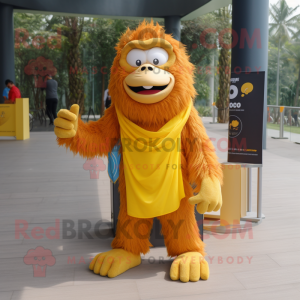 Yellow Orangutan mascot costume character dressed with a Flare Jeans and Scarves