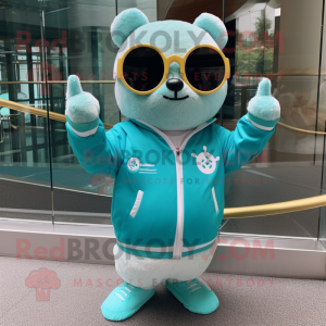 Cyan Dim Sum mascot costume character dressed with a Sweatshirt and Sunglasses