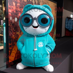 Cyan Dim Sum mascot costume character dressed with a Sweatshirt and Sunglasses