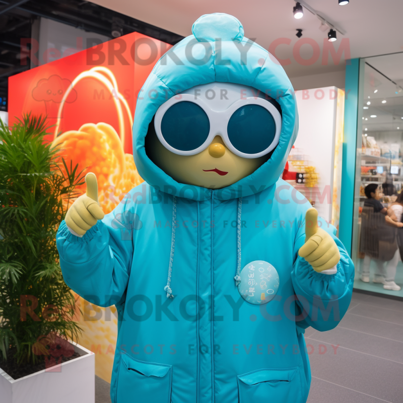 Cyan Dim Sum mascot costume character dressed with a Sweatshirt and Sunglasses