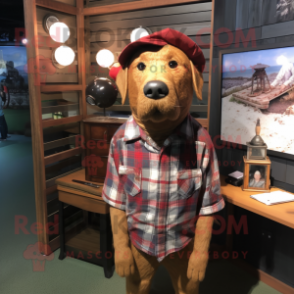 Rust Dog mascot costume character dressed with a Flannel Shirt and Hat pins