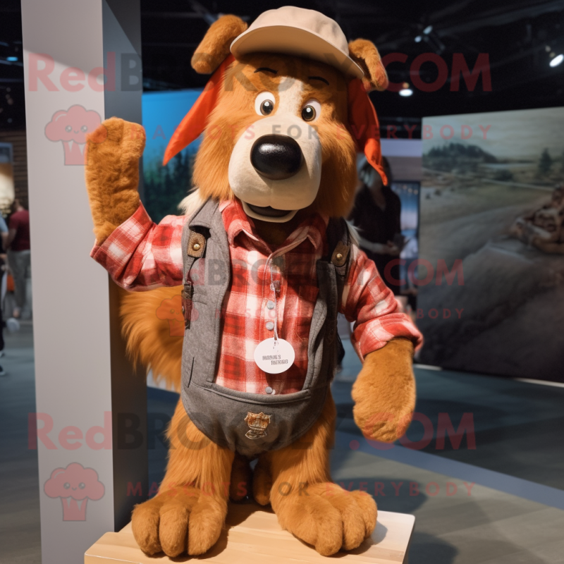 Rust Dog mascot costume character dressed with a Flannel Shirt and Hat pins