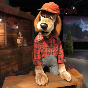 Rust Dog mascot costume character dressed with a Flannel Shirt and Hat pins