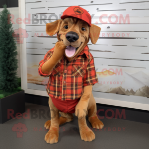 Rust Dog mascot costume character dressed with a Flannel Shirt and Hat pins