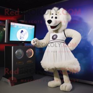 White Shepard'S Pie mascot costume character dressed with a Ball Gown and Digital watches