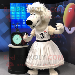 White Shepard'S Pie mascot costume character dressed with a Ball Gown and Digital watches