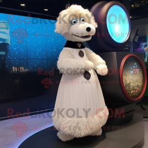 White Shepard'S Pie mascot costume character dressed with a Ball Gown and Digital watches