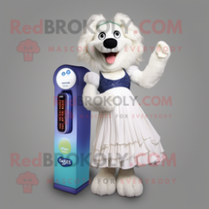 White Shepard'S Pie mascot costume character dressed with a Ball Gown and Digital watches