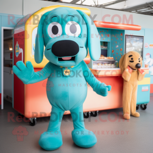 Teal Hot Dogs mascot costume character dressed with a Romper and Mittens