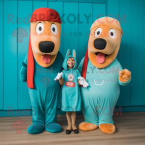 Teal Hot Dogs mascot costume character dressed with a Romper and Mittens