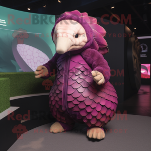 Magenta Pangolin mascot costume character dressed with a Jacket and Clutch bags