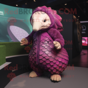 Magenta Pangolin mascot costume character dressed with a Jacket and Clutch bags