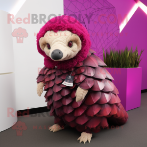 Magenta Pangolin mascot costume character dressed with a Jacket and Clutch bags