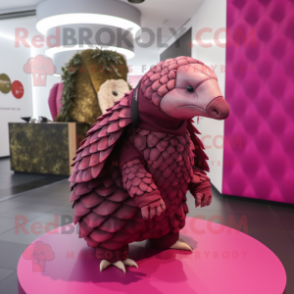 Magenta Pangolin mascot costume character dressed with a Jacket and Clutch bags