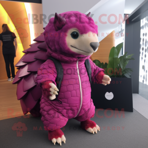 Magenta Pangolin mascot costume character dressed with a Jacket and Clutch bags