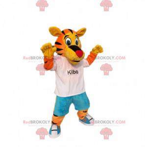 Mascote tigre engraçado, com jeans e uma camiseta branca -