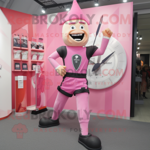 Pink Knife Thrower mascot costume character dressed with a Running Shorts and Bracelet watches