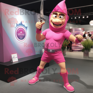 Pink Knife Thrower mascot costume character dressed with a Running Shorts and Bracelet watches