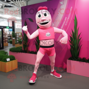 Pink Knife Thrower mascot costume character dressed with a Running Shorts and Bracelet watches