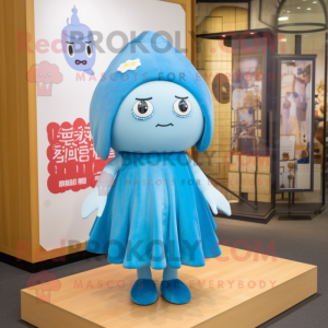 Sky Blue Miso Soup mascot costume character dressed with a Midi Dress and Hairpins