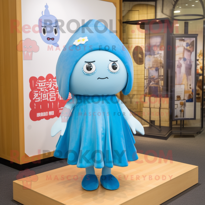 Sky Blue Miso Soup mascot costume character dressed with a Midi Dress and Hairpins Sky Blue Miso Soup mascot costume character dressed with a Midi Dress and Hairpins