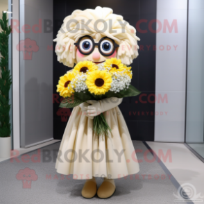 Cream Bouquet Of Flowers mascot costume character dressed with a Pleated Skirt and Eyeglasses