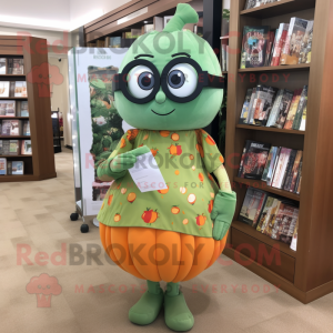 Olive Pumpkin mascot costume character dressed with a Midi Dress and Reading glasses