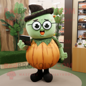 Olive Pumpkin mascot costume character dressed with a Midi Dress and Reading glasses