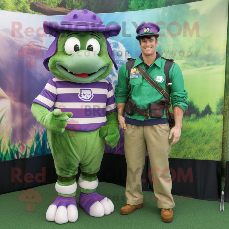 Lavender Green Beret mascot costume character dressed with a Rugby Shirt and Ties Lavender Green Beret mascot costume character dressed with a Rugby Shirt and Ties