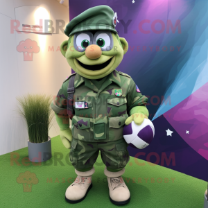 Lavender Green Beret mascot costume character dressed with a Rugby Shirt and Ties
